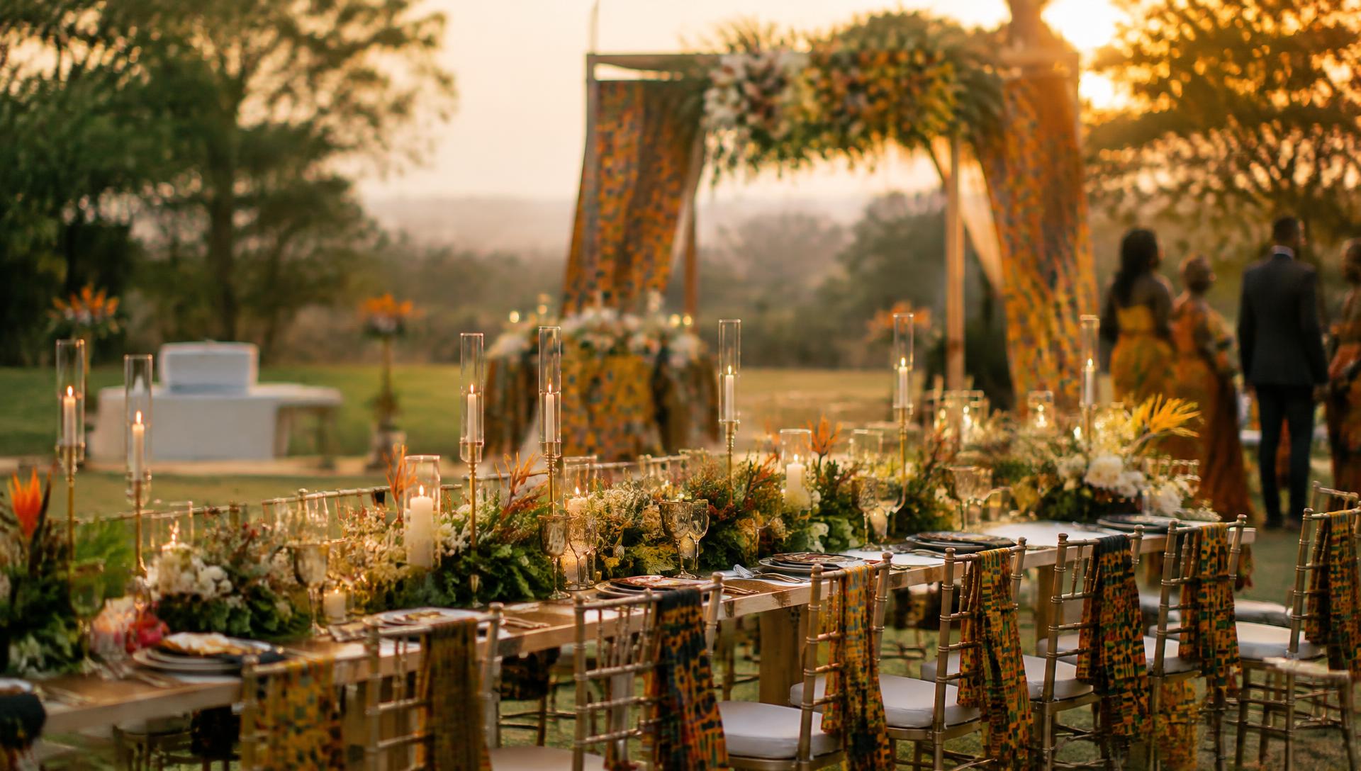 Elegant wedding reception at golden hour